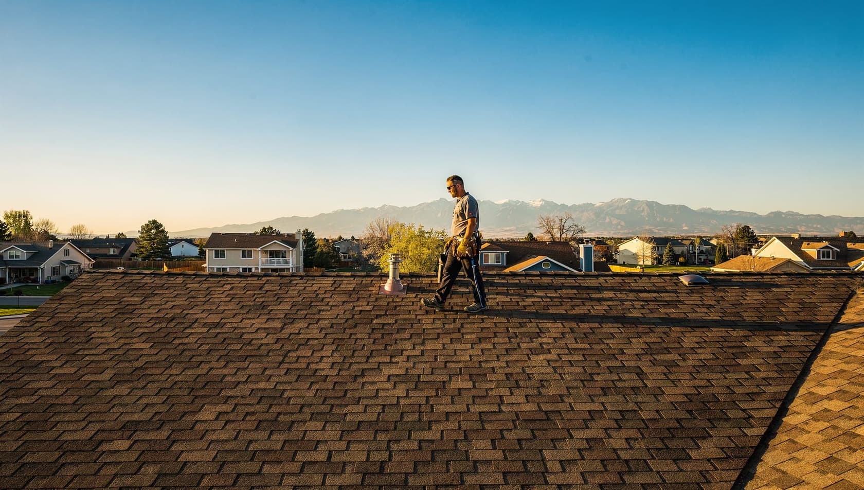 A roofer walking calmly across a residential roof ridge against a big open Colorado sky