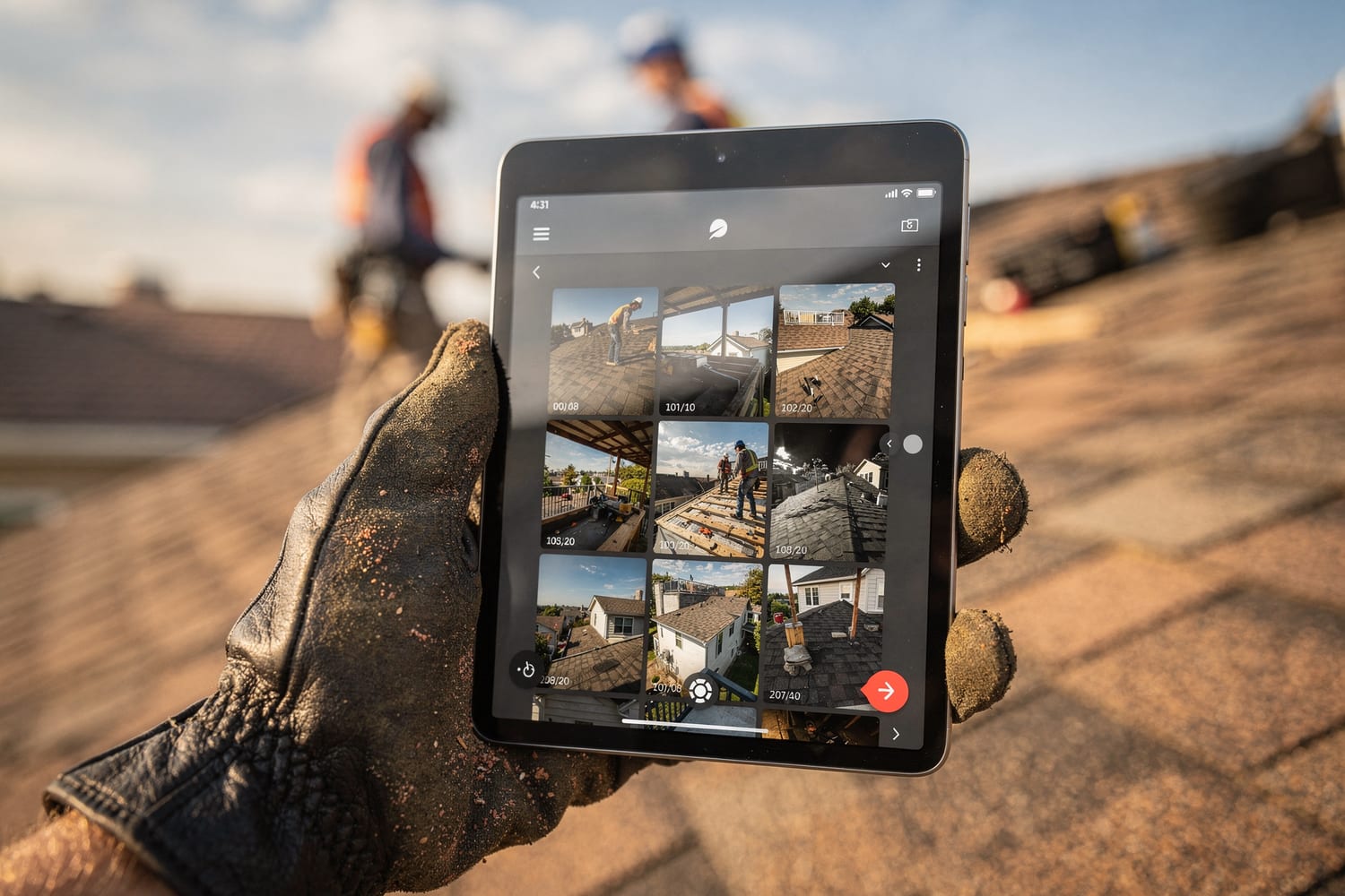 A roofer's gloved hand holding a tablet that shows a grid of timestamped rooftop inspection photos
