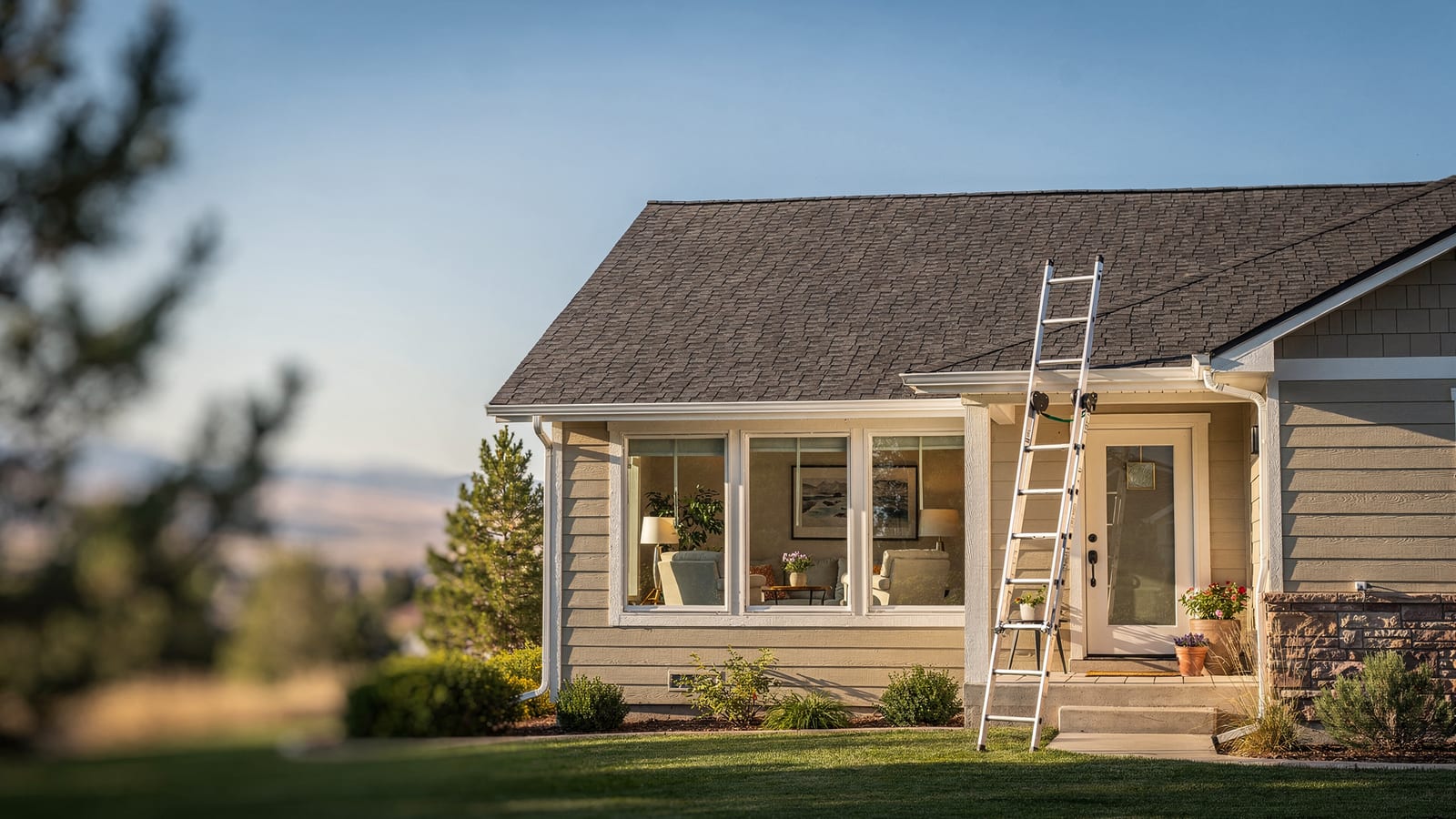 A well-kept Highlands Ranch home with a clean asphalt-shingle roof and an inspection ladder leaning against the eave, bright Colorado morning